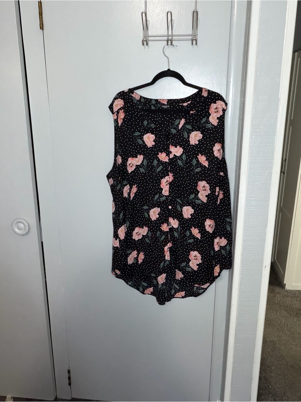 Sleeveless Black Floral Blouse with Pink Flowers